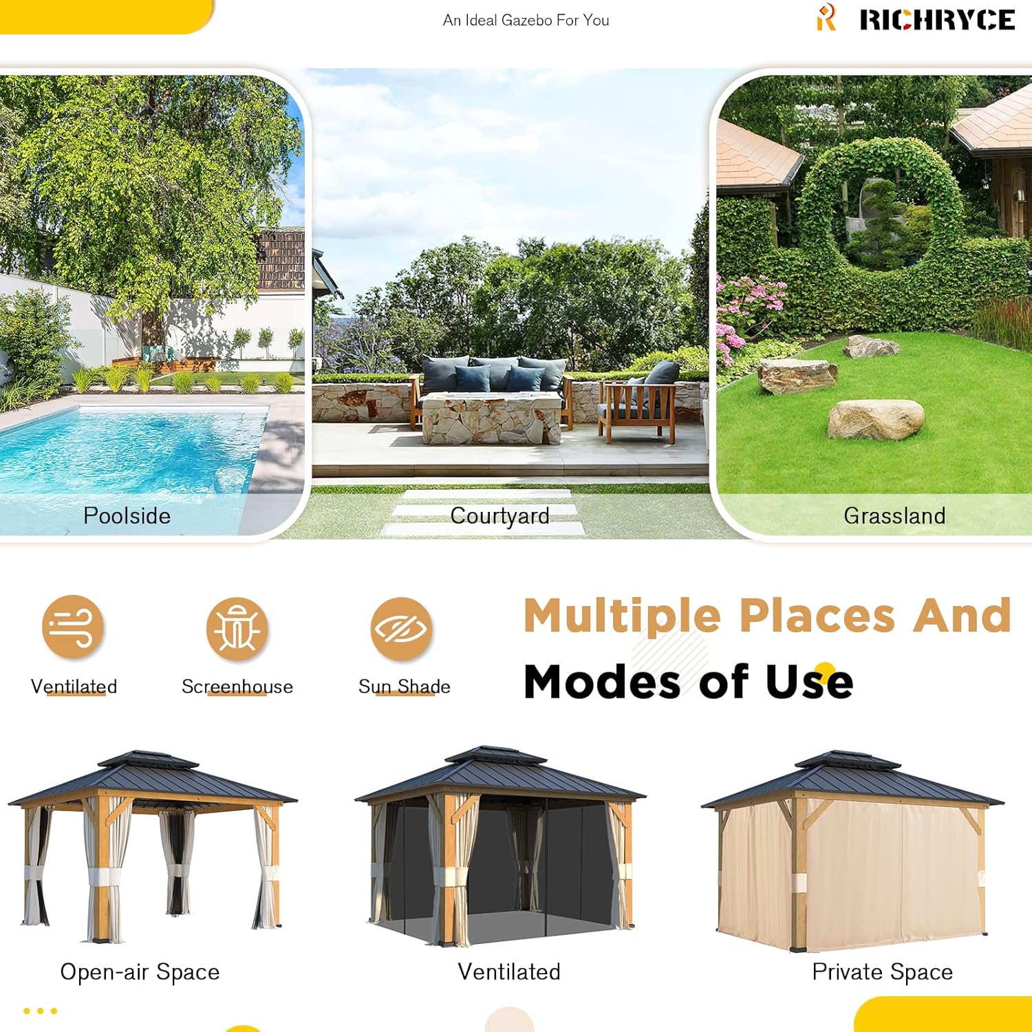 Solid Wood Gazebo with Metal Roof and Netting A120917