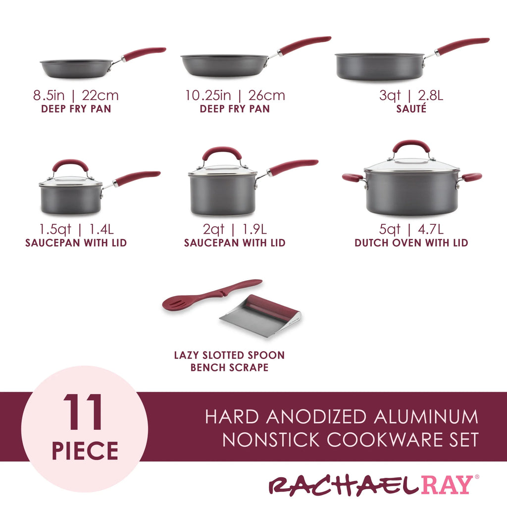 11 Piece Nonstick Pots and Pans Set, Burgundy Handles O666