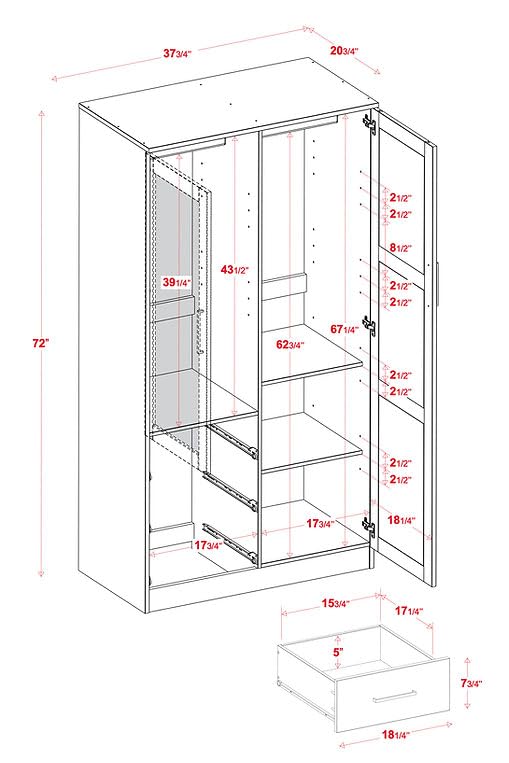 100% Solid Wood Wardrobe with Mirror, Mocha R670