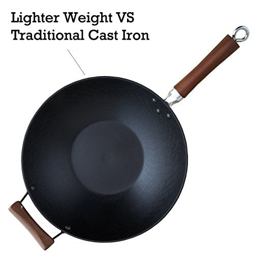 Black 14-Inch Cast Iron Wok with Wood Handles Y74833