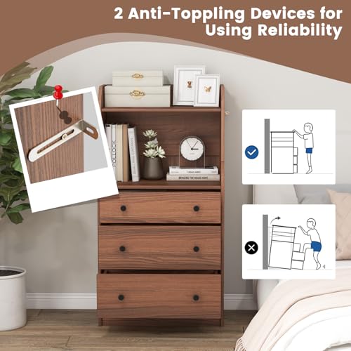 3 Drawers Dresser with Shelves, Tall Nightstand with 2 Open Shelves, Chest of Drawers (Walnut) P760