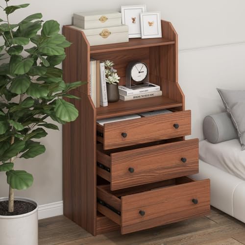3 Drawers Dresser with Shelves, Tall Nightstand with 2 Open Shelves, Chest of Drawers (Walnut) P760