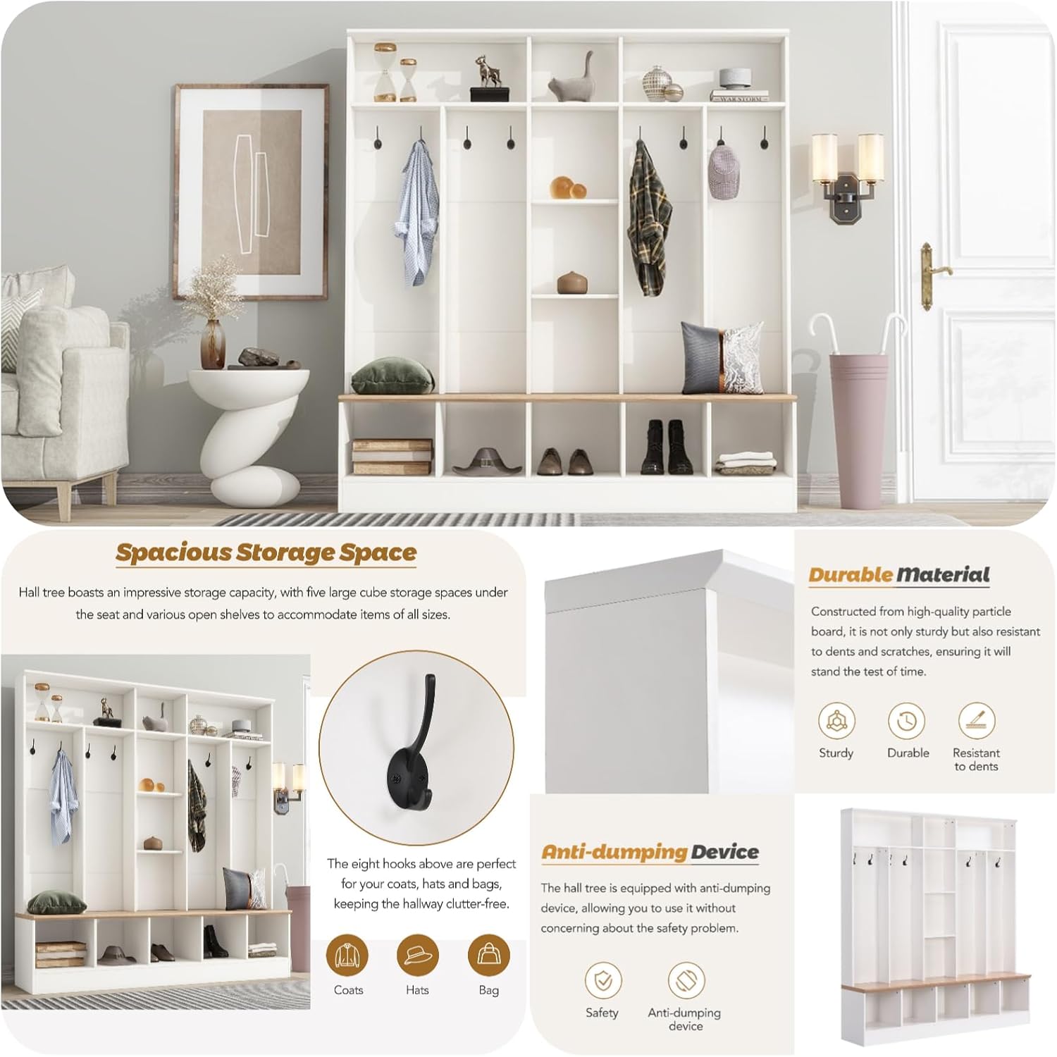 White Coat Rack with 8 Hooks and Storage Bench W4924