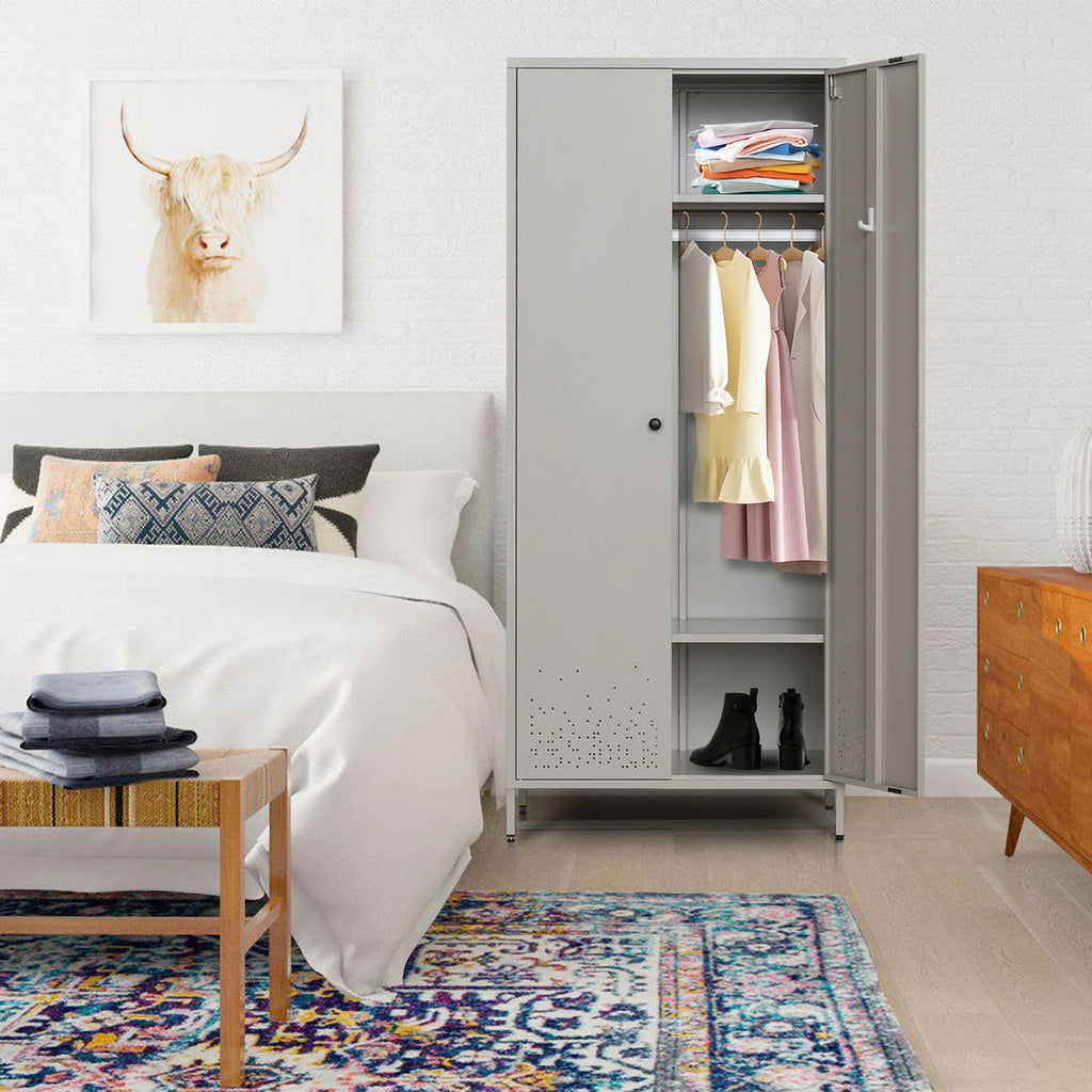 Gray Metal Storage Wardrobe Cabinet with Adjustable Hanging Rod M496