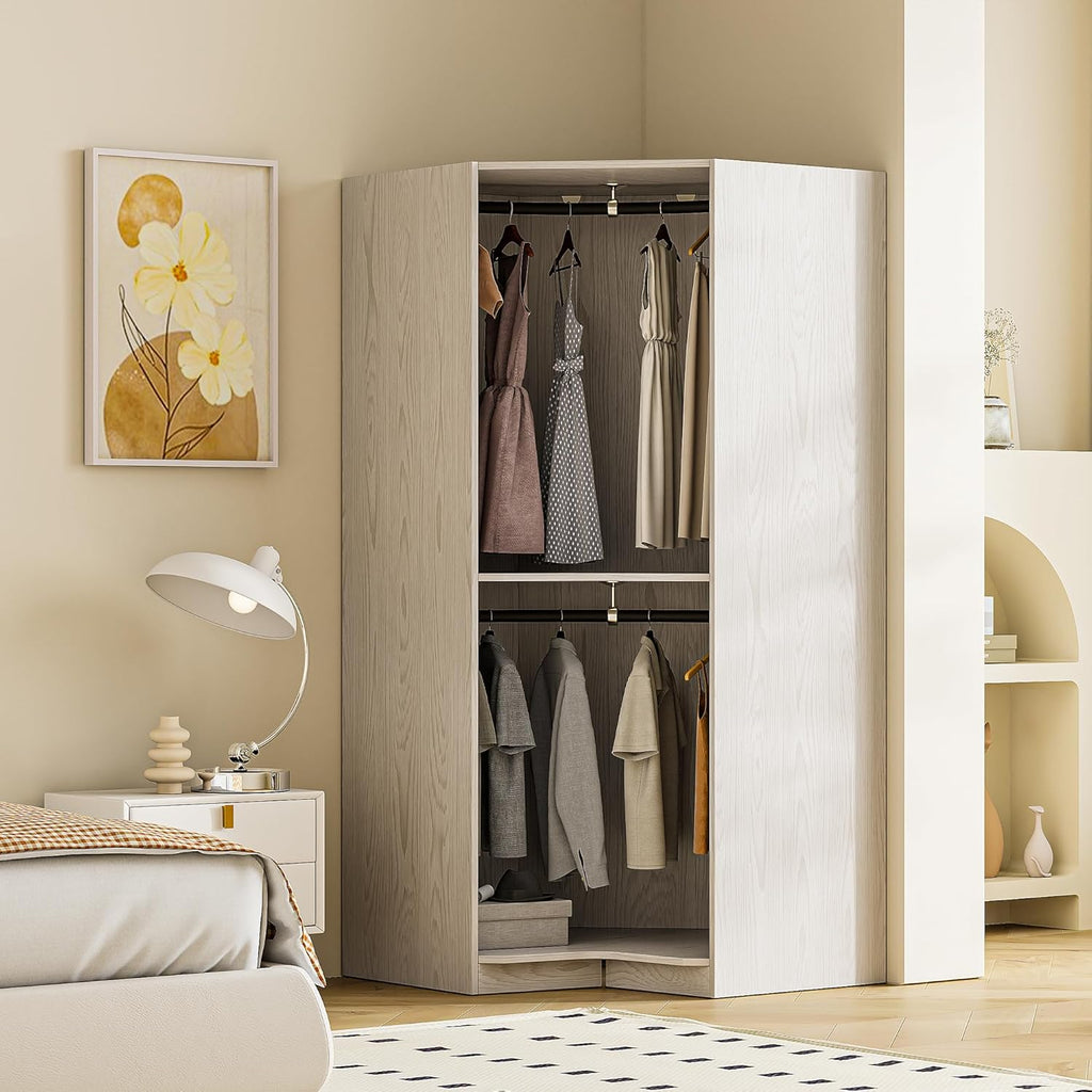 Natural Freestanding Wooden Corner Armoire Wardrobe Closet Cabinet with Hanging Rail U56343