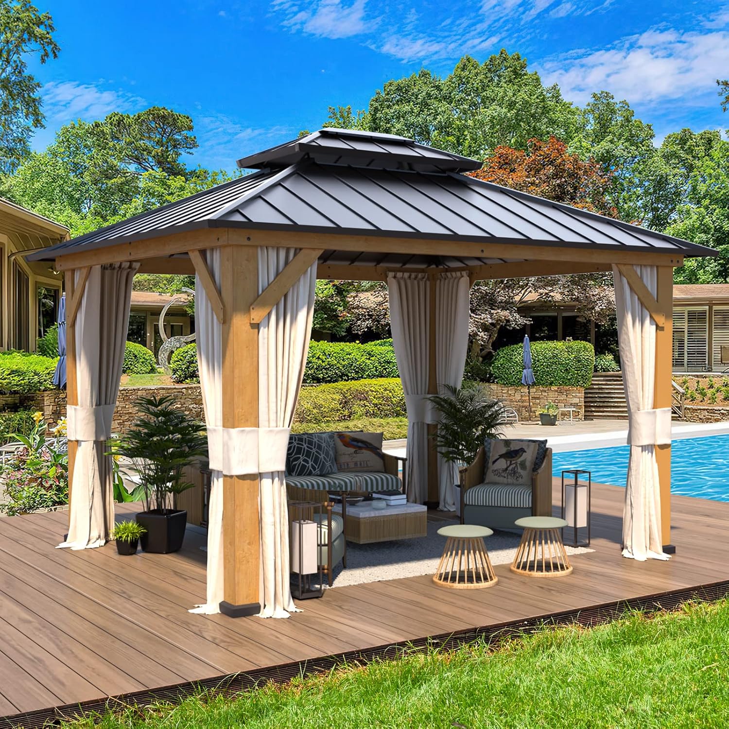 Solid Wood Gazebo with Metal Roof and Netting A120917