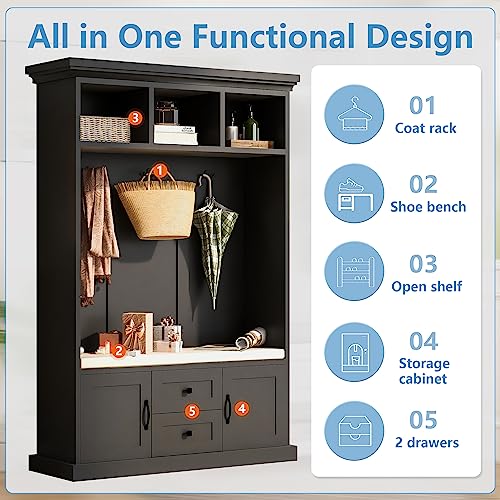 Black Hall Tree with Storage Bench and 4 Hooks Q1654
