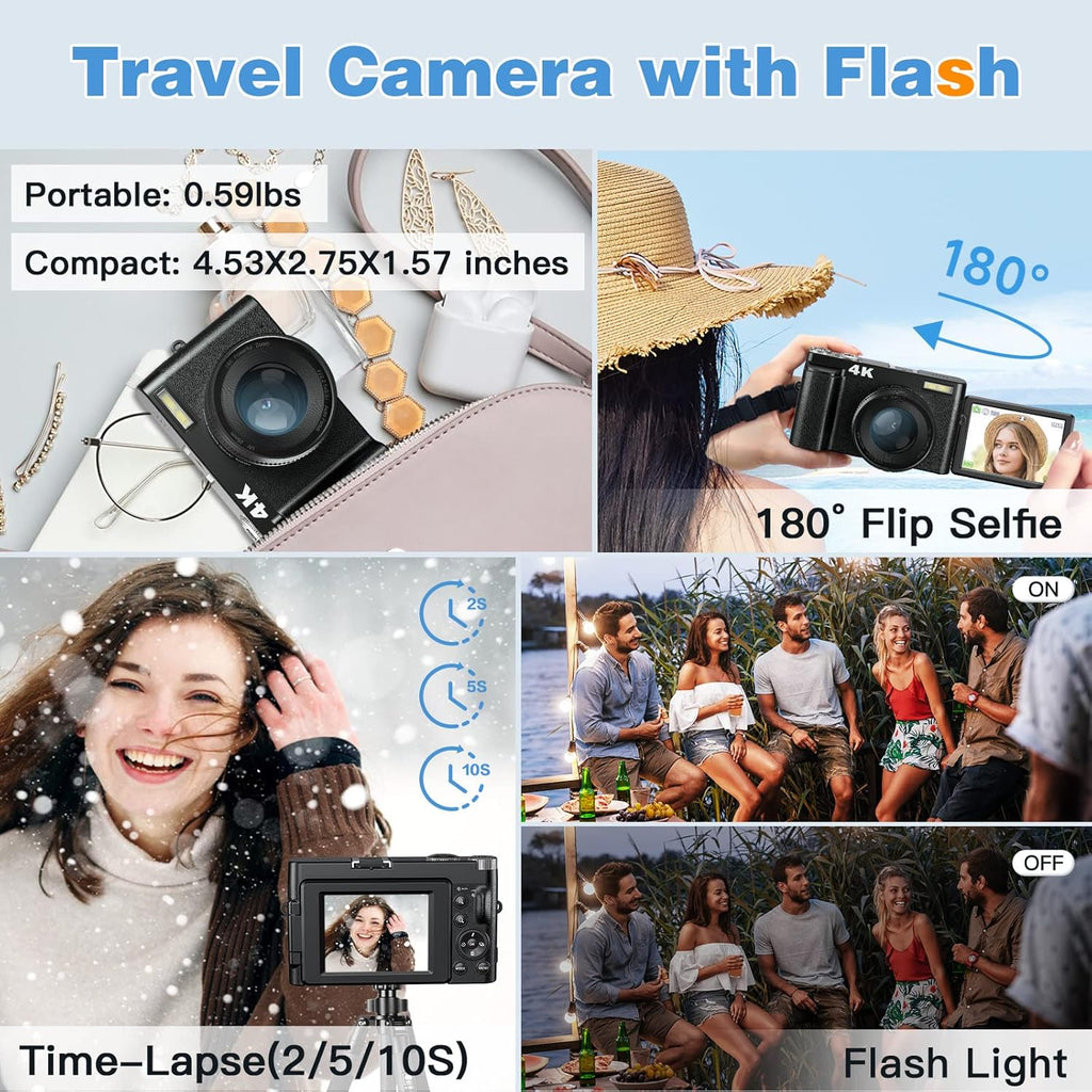 48MP 4K Digital Camera with 16X Digital Zoom, 3'' Flip Screen, Flash, SD Card, 2 Batteries V71025