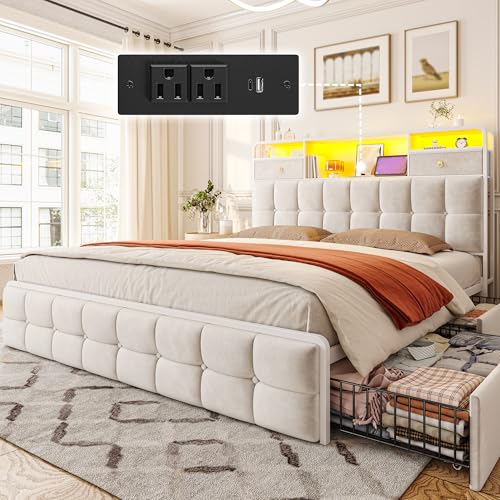 King Size Bed Frame with 4 Storage Drawers and LED Lights, Grey W31210