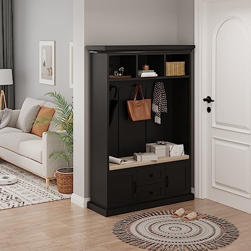 Black Hall Tree with Storage Bench and 4 Hooks Q1654