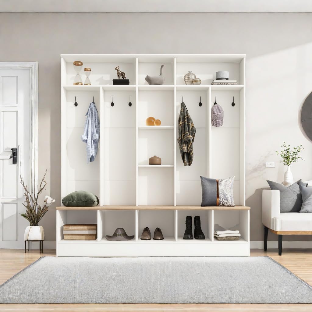 White Coat Rack with 8 Hooks and Storage Bench W4924