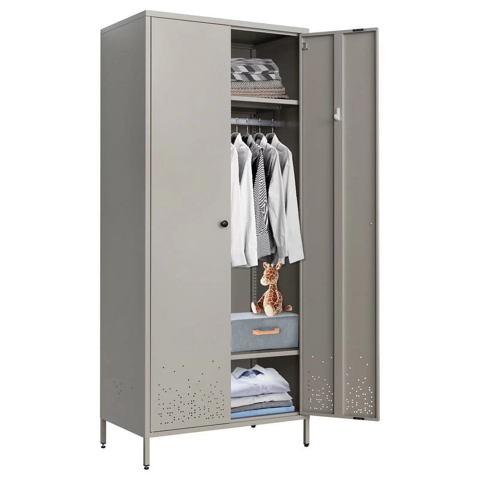 Gray Metal Storage Wardrobe Cabinet with Adjustable Hanging Rod M496