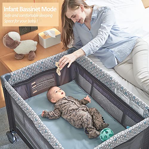 5 in 1 Foldable Baby Crib with Bassinets, Changing Table, Newborn Napper, Diaper Stacker, Playpen Q298