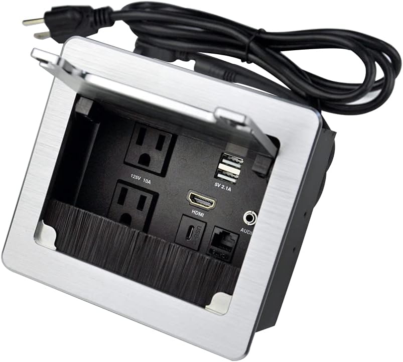 Silver Pack of 2 Tabletop Connectivity Box with 2 AC Power + 2 USB Charger + HDMI + 3.5mm Audio + USB-C Data + RJ45 Q55886