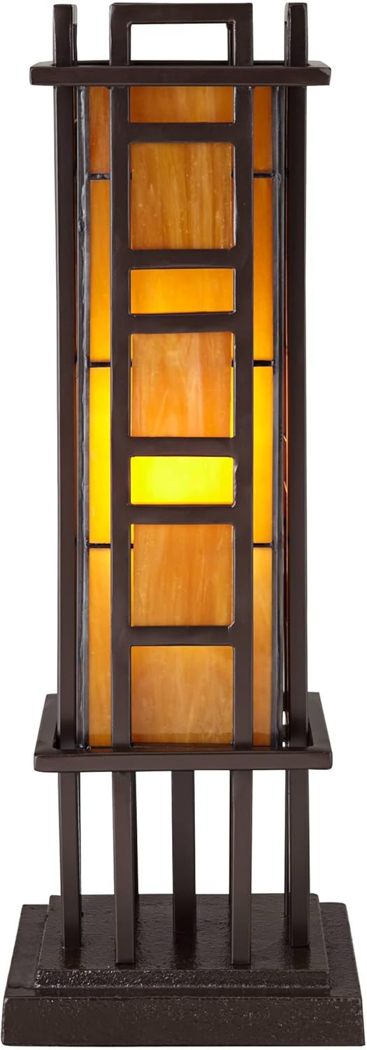 Bronze Iron Column Accent Table Lamp with Amber Stained Art Glass L596