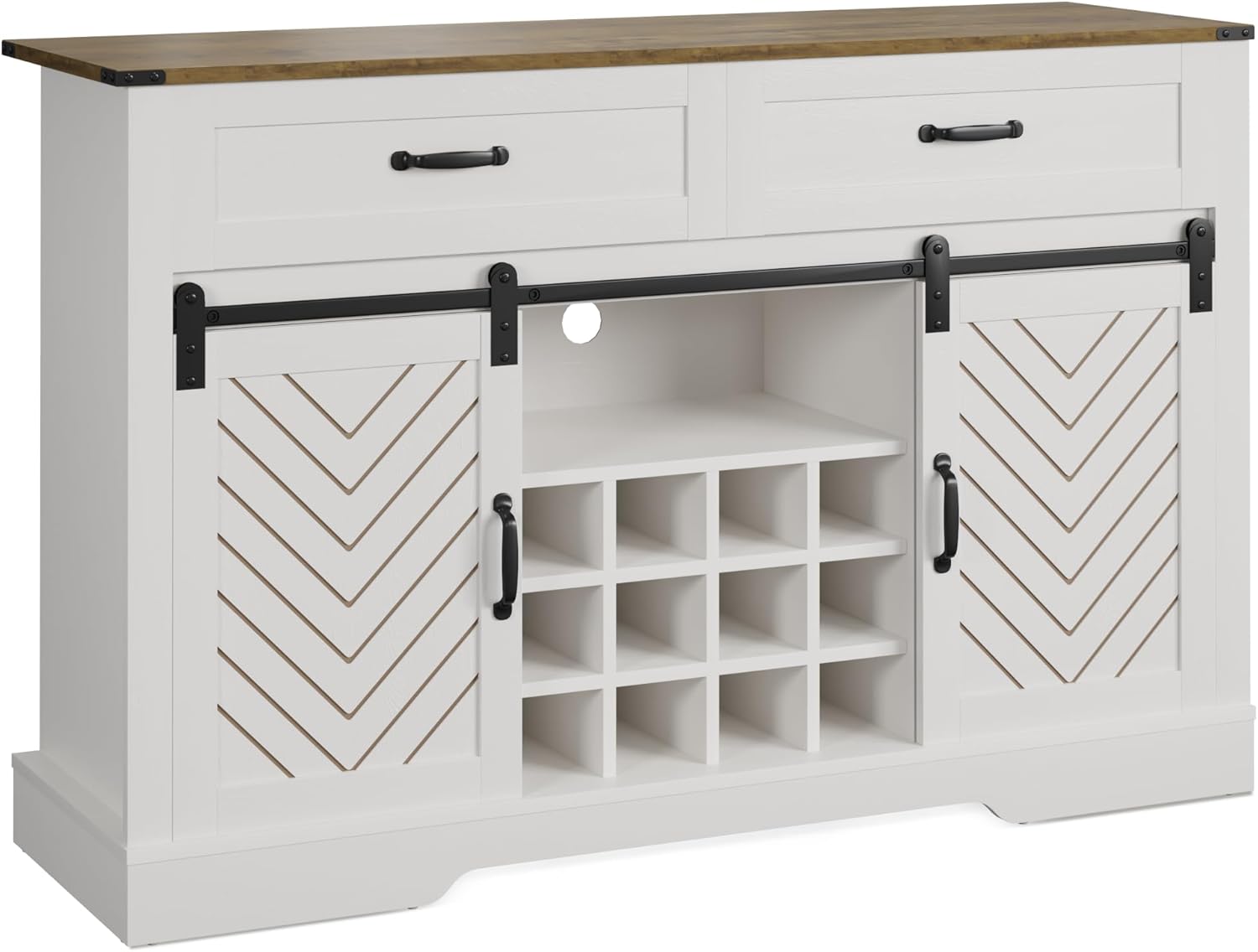 White & Oak Sideboard Cabinet with Sliding Barn Door, 3 Drawers L380