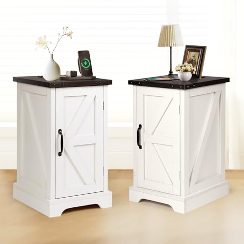2PCS White Wood Nightstand with Charging Station I7624