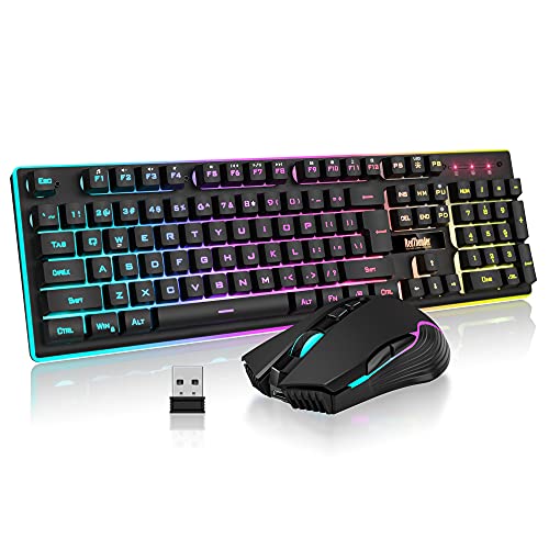 Wireless Gaming Keyboard and Mouse Combo with LED Backlit Rechargeable 3800mAh Battery, Mechanical Feel Anti-ghosting Keyboard and 7D 3200DPI Mice (Black) V3955