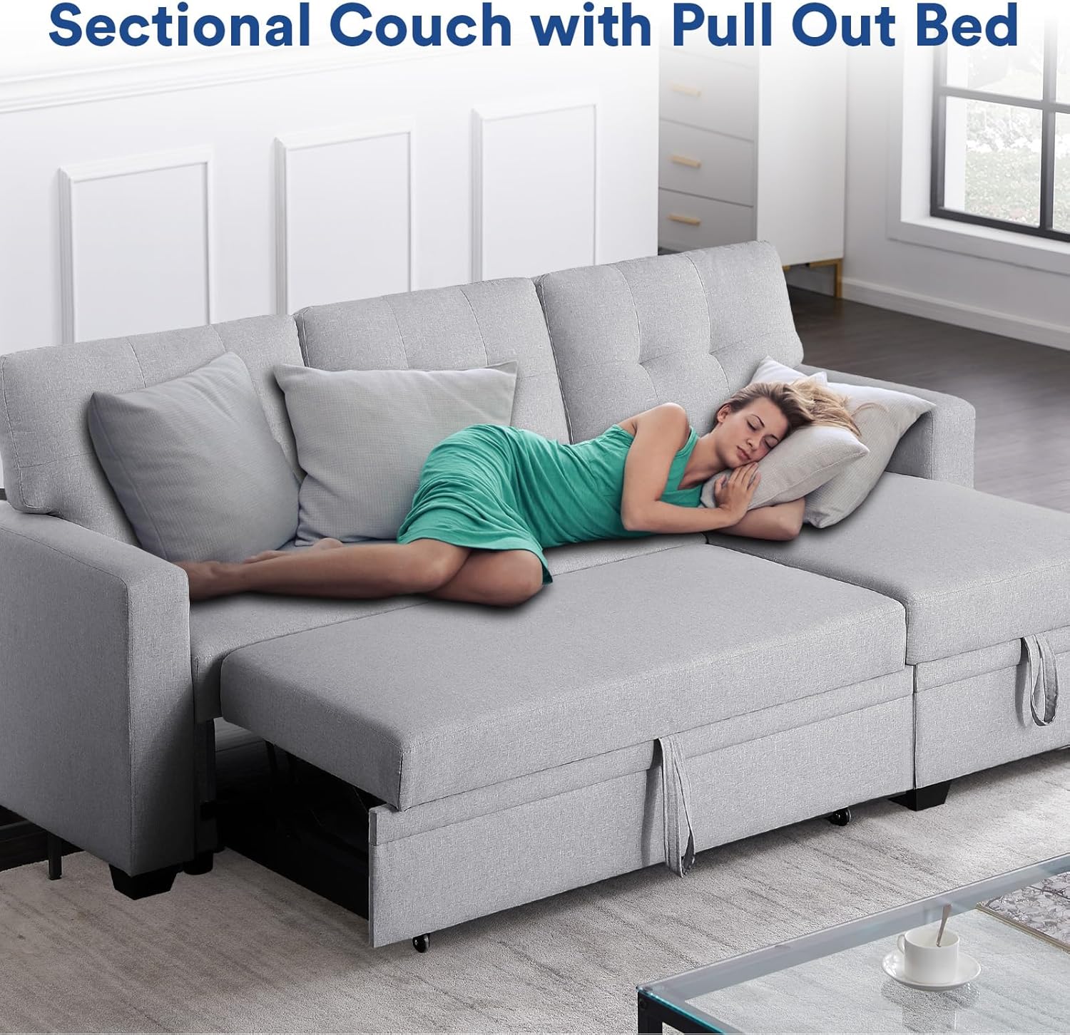 Light Gray L Shaped Couch with Pull Out Bed and Storage Sectional Sleeper Sofa Z5907