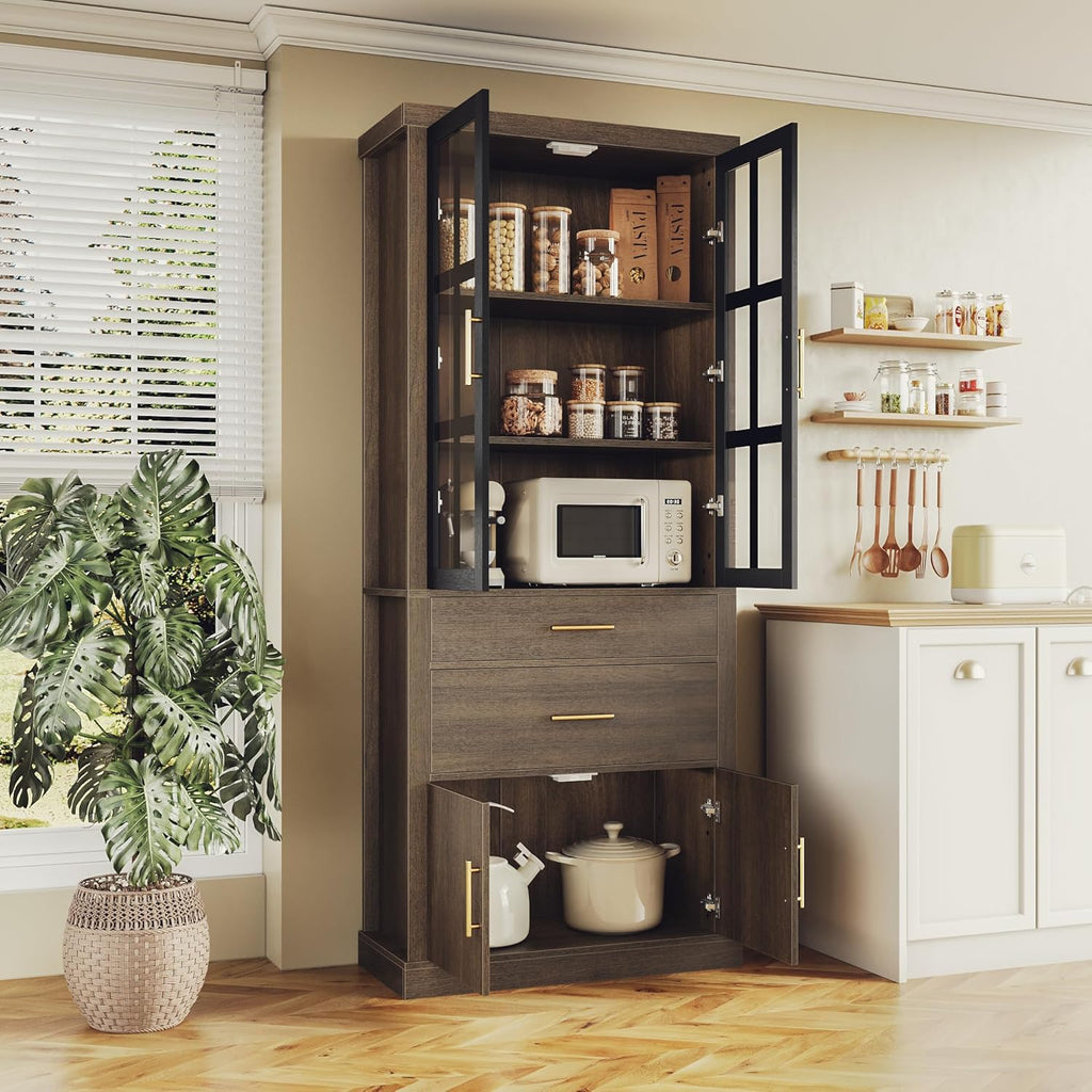 75.6" Tall 4 Door Adjustable Shelves Kitchen Pantry Cabinet Walnut A569