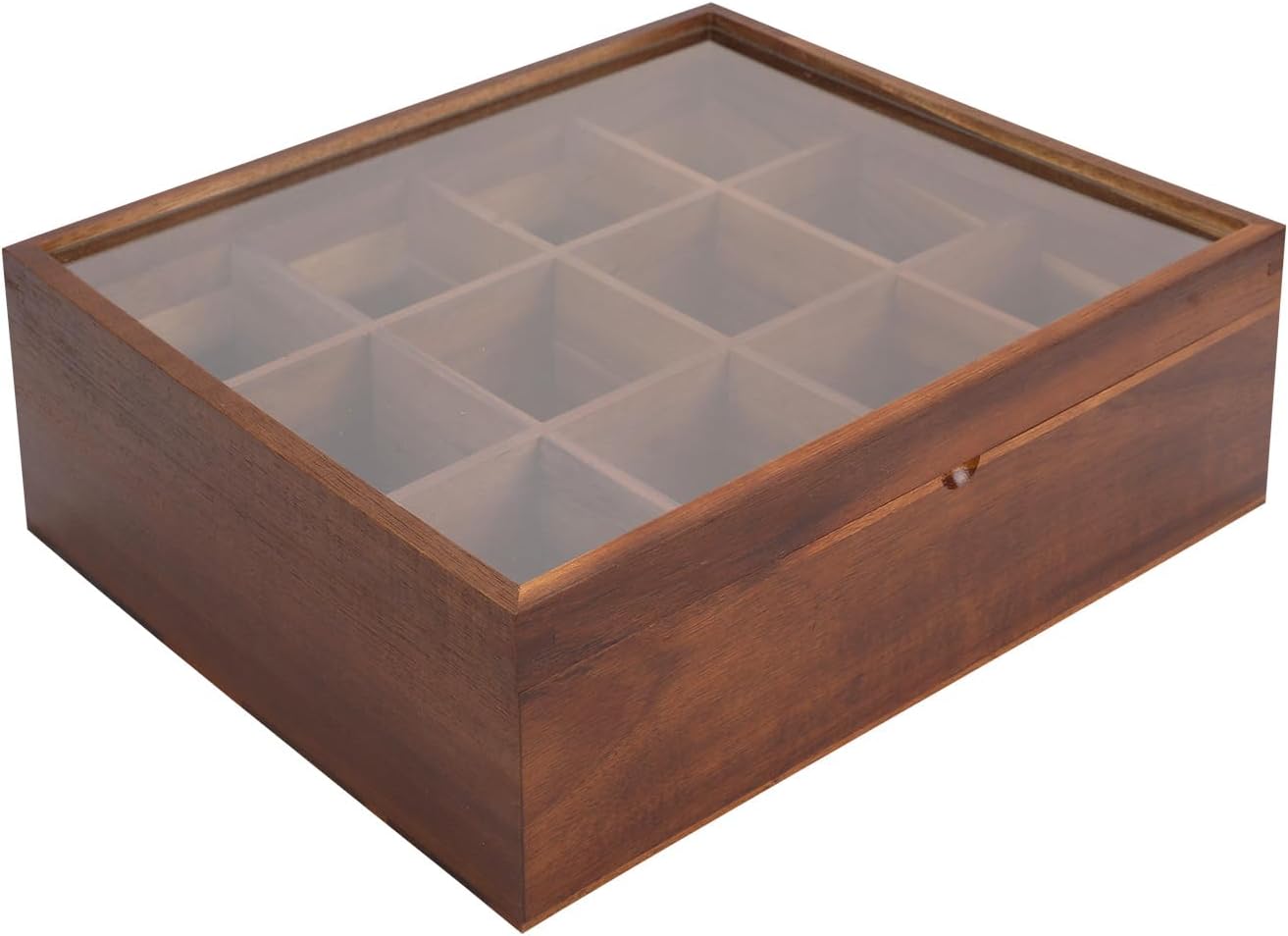 Acacia Wooden Tea Bag Organizer with 12 Compartments and Clear Acrylic Top Window I1543
