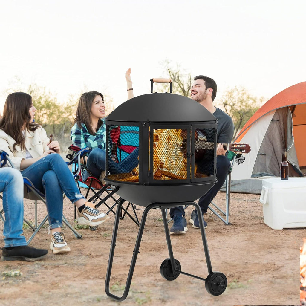 28 Inch Wood Burning Portable Fire Pit with Wheels Black X6489
