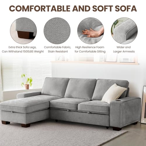 99" Convertible Sleeper Sofa Bed L Shaped with Storage Chaise Pull Out Couch Chenille Covers (Gray) N267449