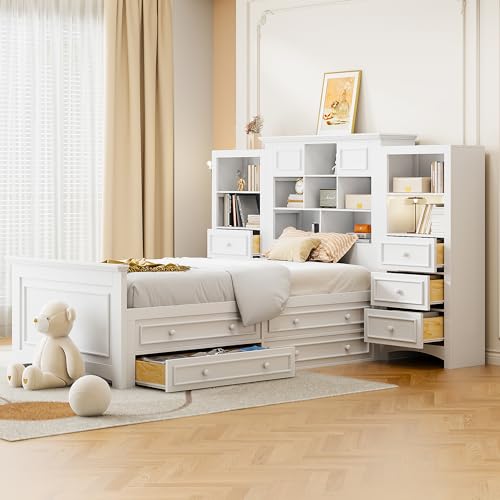 Gray Twin Wood Platform Bed with Bookcase Headboard and 10 Drawers G721527