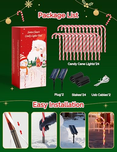 24 Pack Solar Christmas Candy Cane Lights with 168 Warm Lights I253416