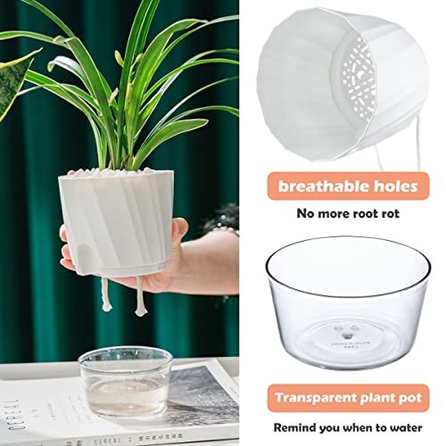5 Pack Self Watering Planters 6 Inch Plastic Plant Pots, White F4086