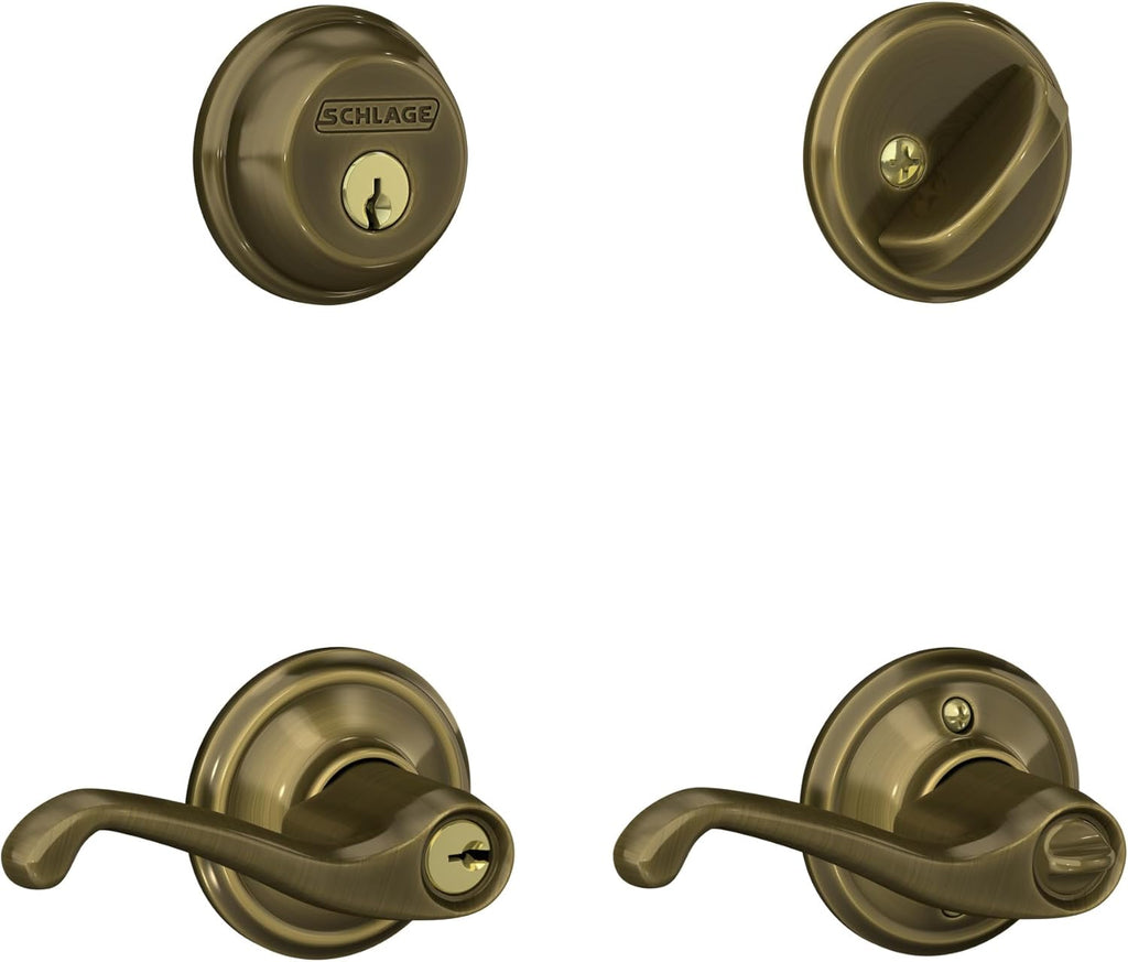 Antique Brass Single Cylinder Deadbolt and Keyed Entry Lever X67571