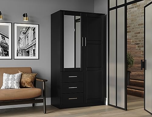 100% Solid Wood Wardrobe with Mirror, Mocha R670