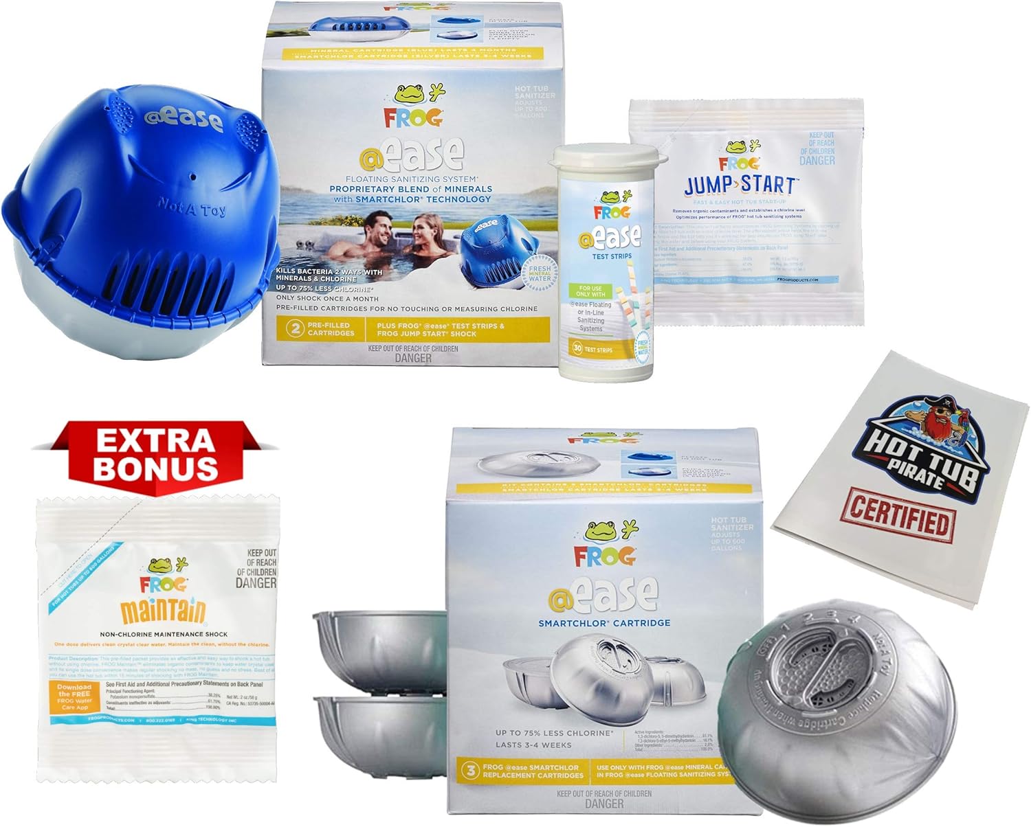 Spa Frog Floating System, 3 Refill Mineral Cartridges, 30 Test Strips, Jump Start Shock, Non-Chlorine Maintenance Shock Pack Z999