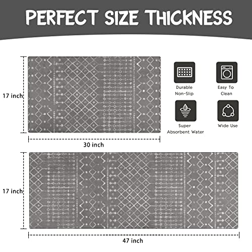 Boho Kitchen Mat Set of 2 Non Skid Washable Dark Grey 17"x47"+17"x30" I895