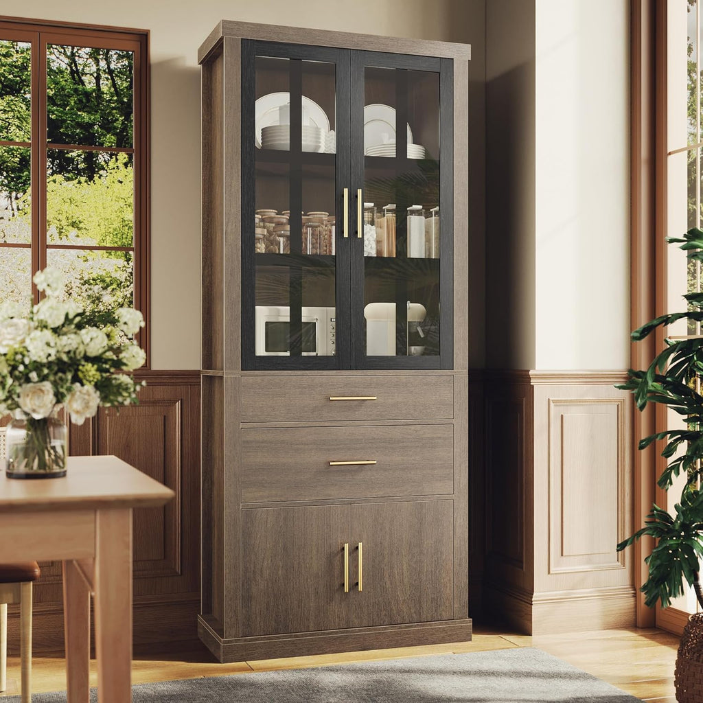 75.6" Tall 4 Door Adjustable Shelves Kitchen Pantry Cabinet Walnut A569