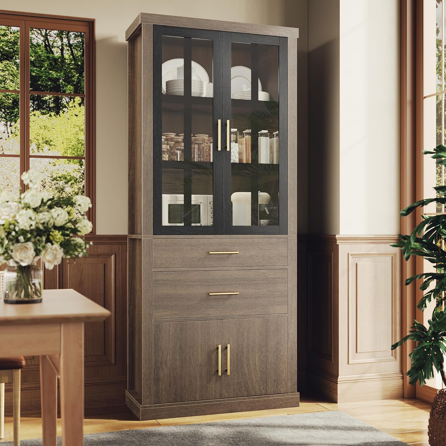 75.6" Tall 4 Door Adjustable Shelves Kitchen Pantry Cabinet Walnut A569