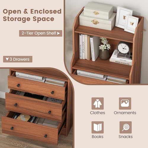 3 Drawers Dresser with Shelves, Tall Nightstand with 2 Open Shelves, Chest of Drawers (Walnut) P760