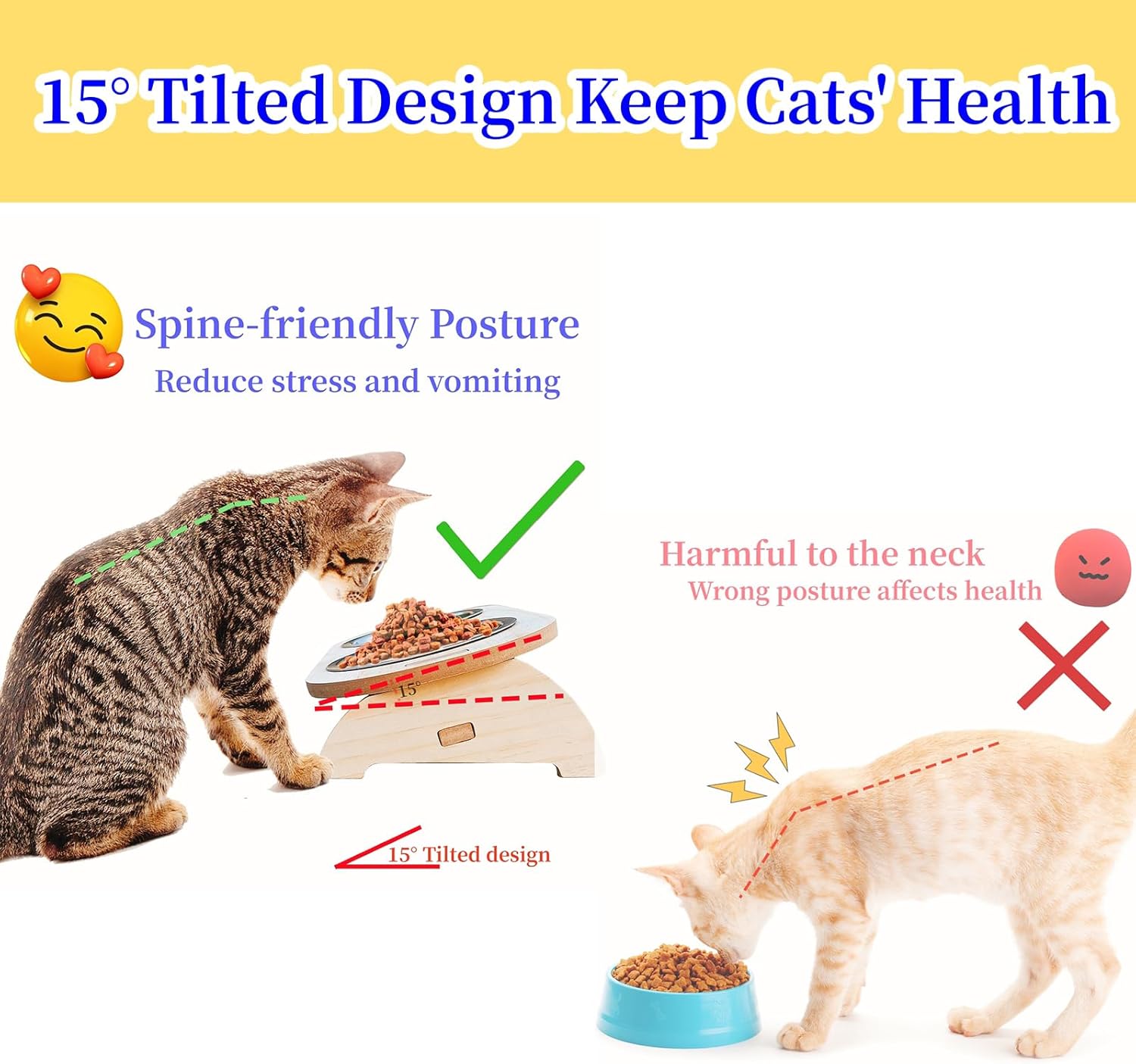 15° Tilted Raised Stainless Steel Cat Bowls with Wood Stand G593
