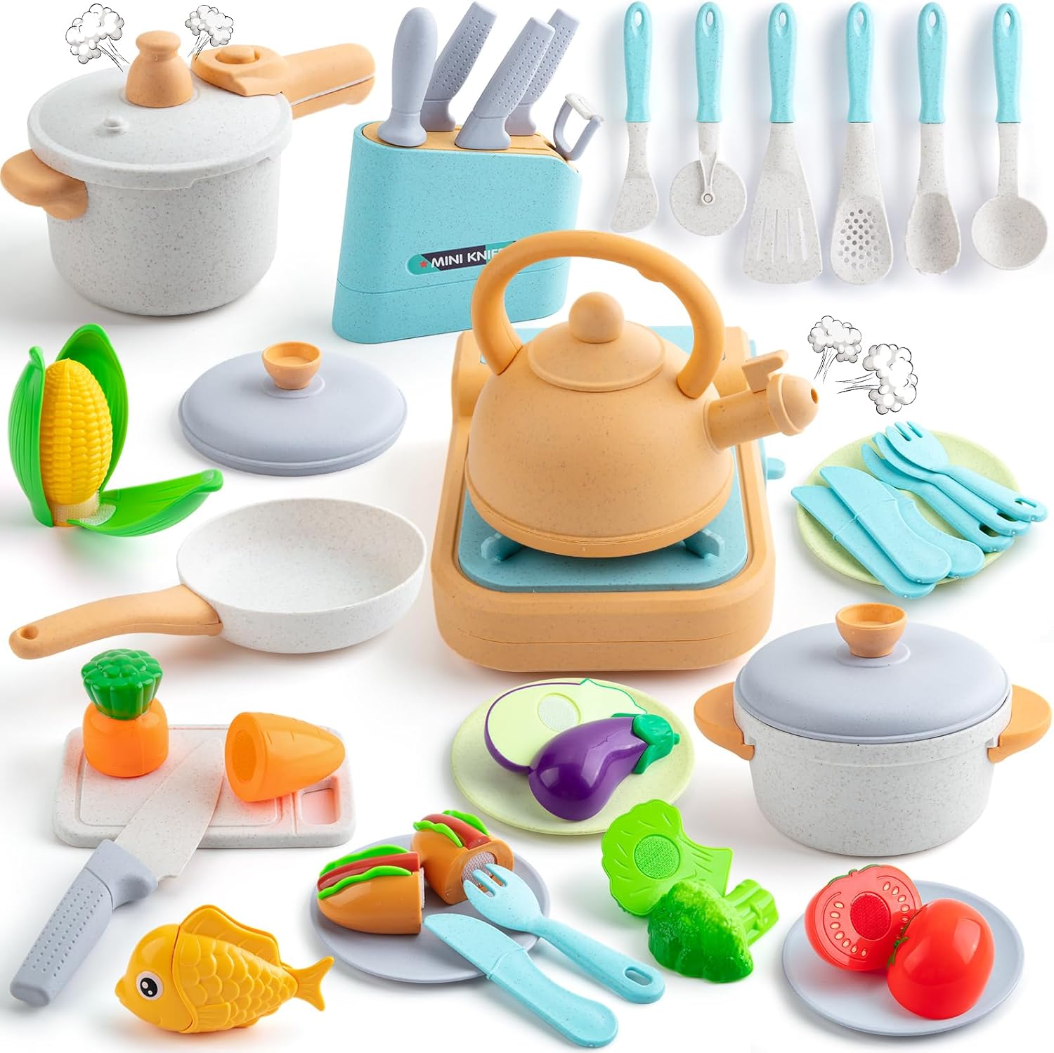 44PCS Kids Kitchen Playset Cookware Toys with Play Pots and Pans, Gas Stove with Sound & Light, Cooking Utensils G6191