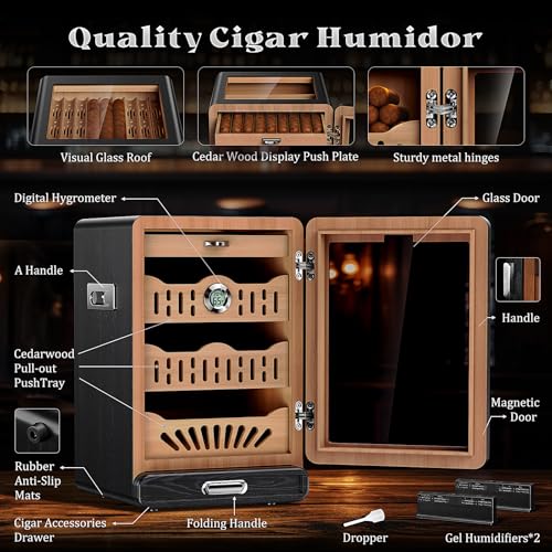 Glass top Cigar Humidor Cabinet with Spanish Cedar Tray, Digital Hygrometer（Black） K7278