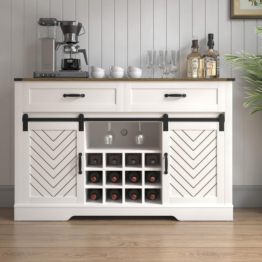 White & Oak Sideboard Cabinet with Sliding Barn Door, 3 Drawers L380