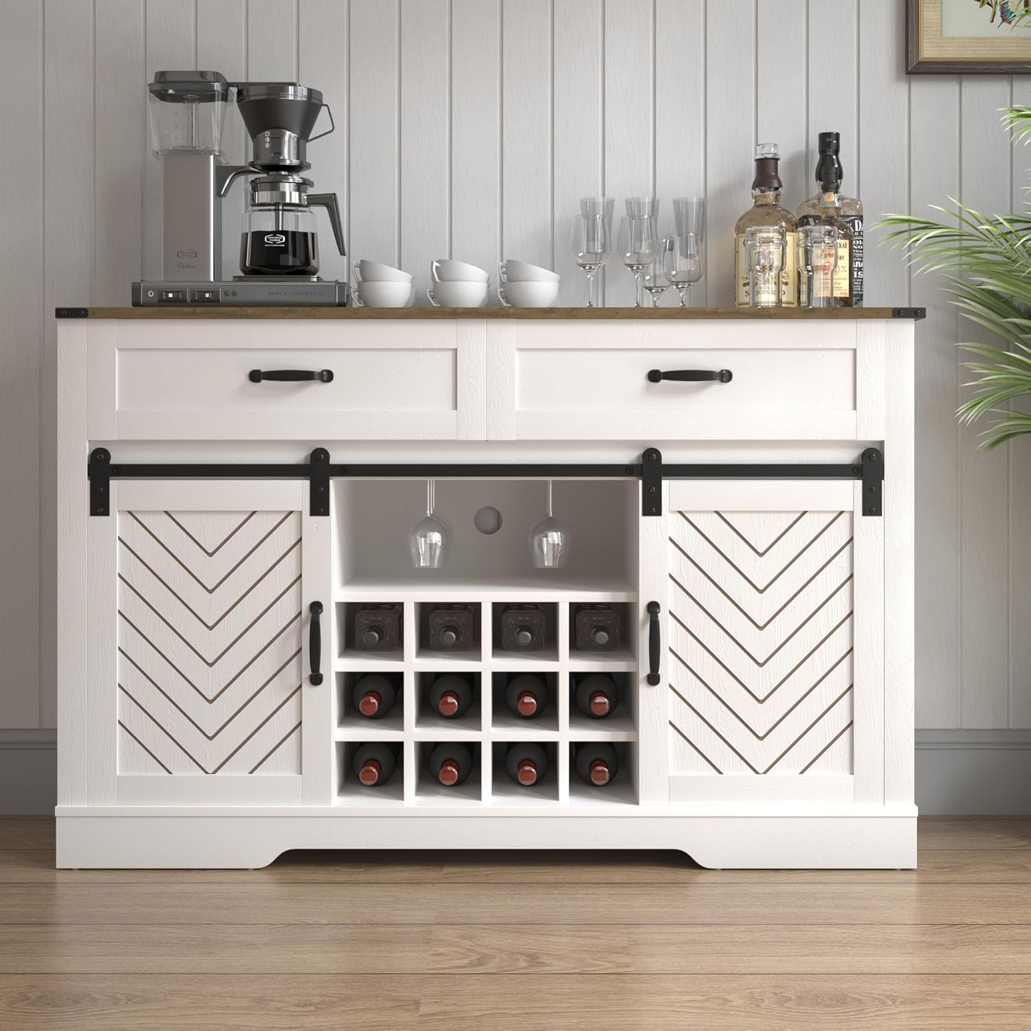White & Oak Sideboard Cabinet with Sliding Barn Door, 3 Drawers L380
