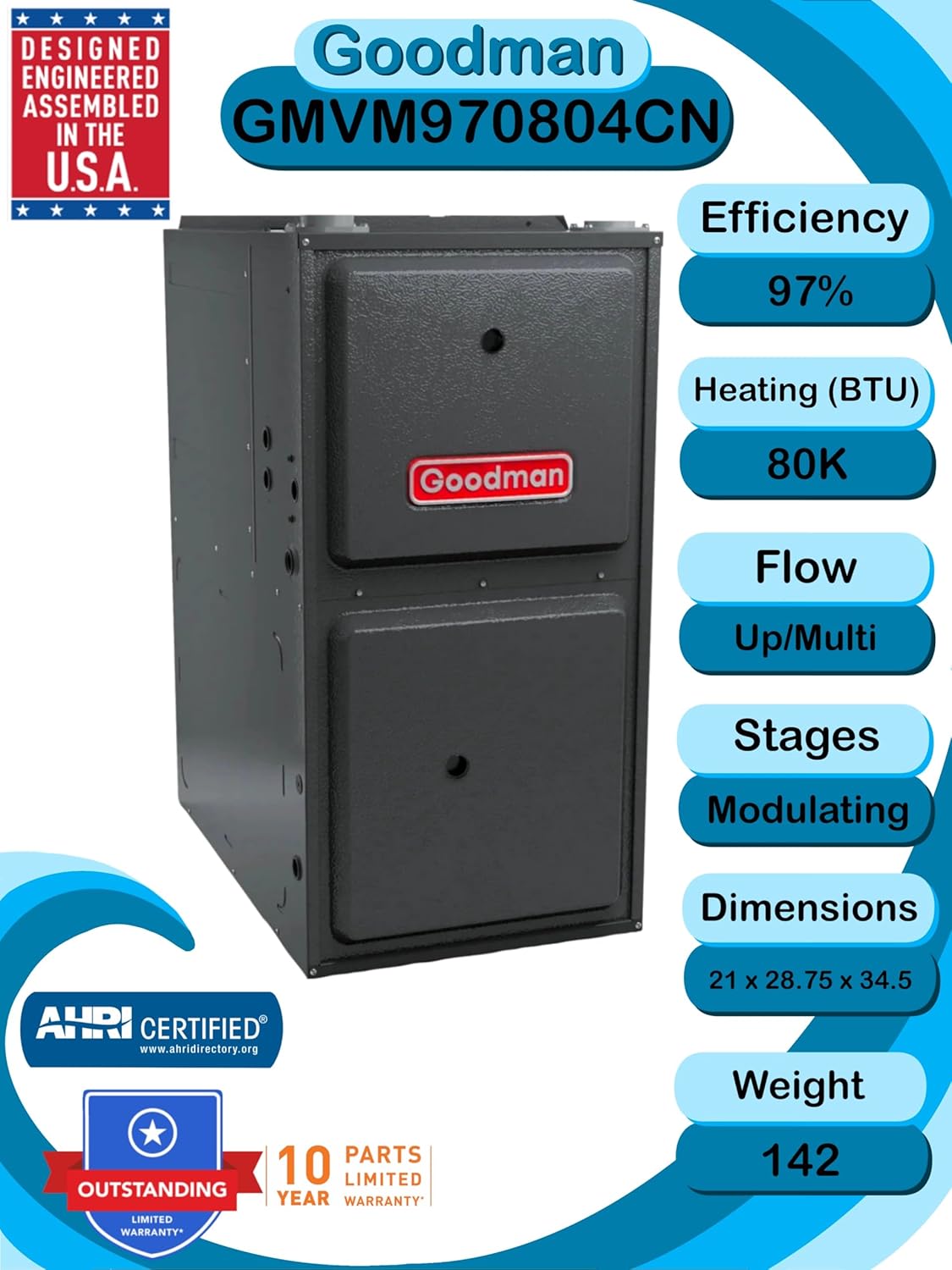 2 TON 14.3 SEER2 AC Unit with 97% AFUE 80k BTU Low NOx Gas Heater and Horizontal Evaporator R311702