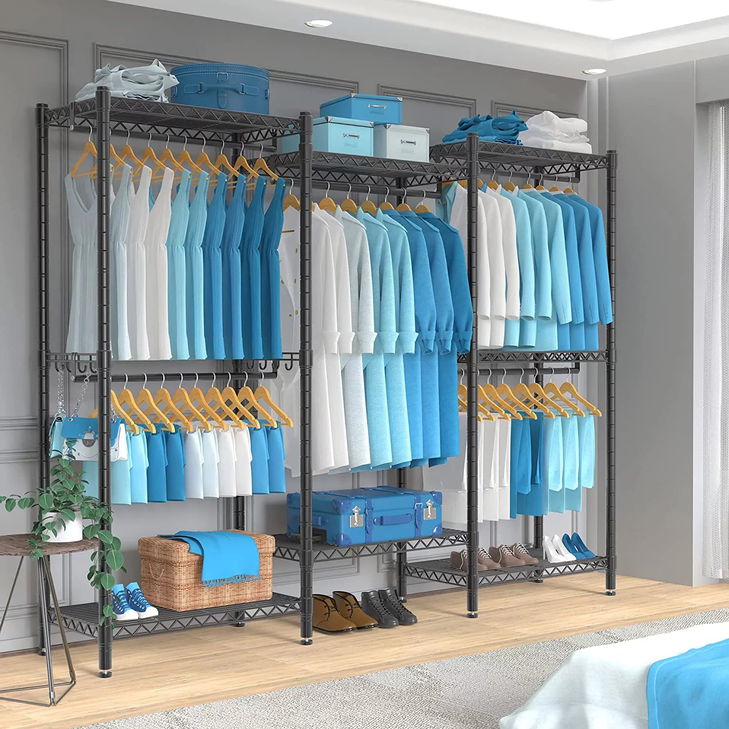 7 Tiers Black Metal Garment Rack with 5 Hanging Rods C7161
