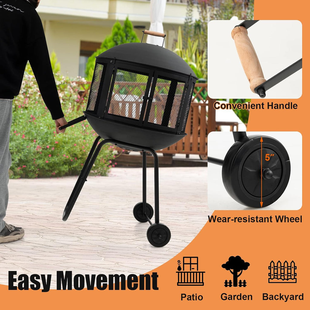 28 Inch Wood Burning Portable Fire Pit with Wheels Black X6489