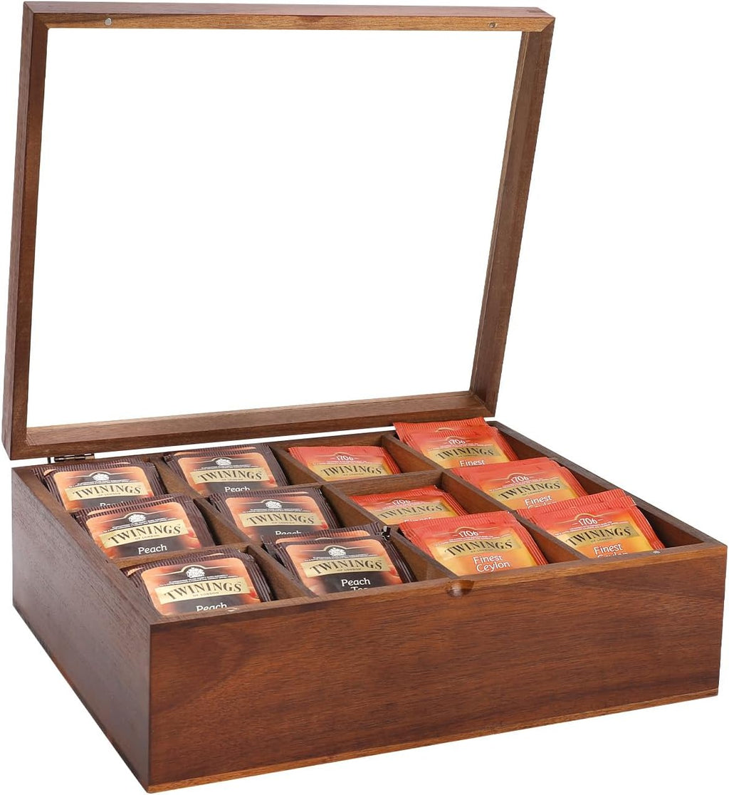 Acacia Wooden Tea Bag Organizer with 12 Compartments and Clear Acrylic Top Window I1543