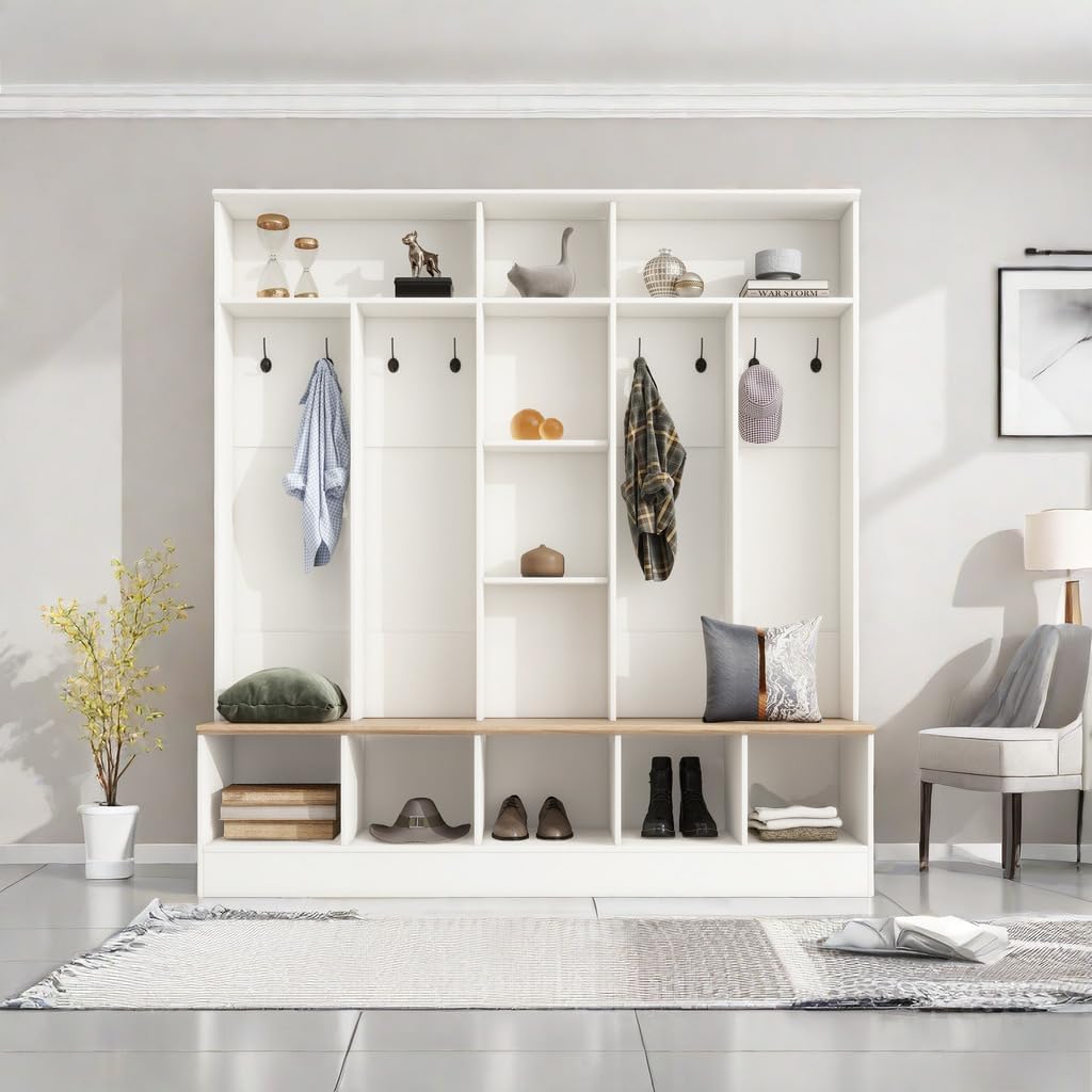 White Coat Rack with 8 Hooks and Storage Bench W4924