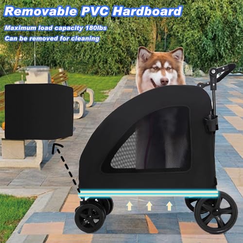Large Dog Stroller, Removable Cushion Adjustable Handle Foldable 4 Wheel Pet Stroller (Black) S733017