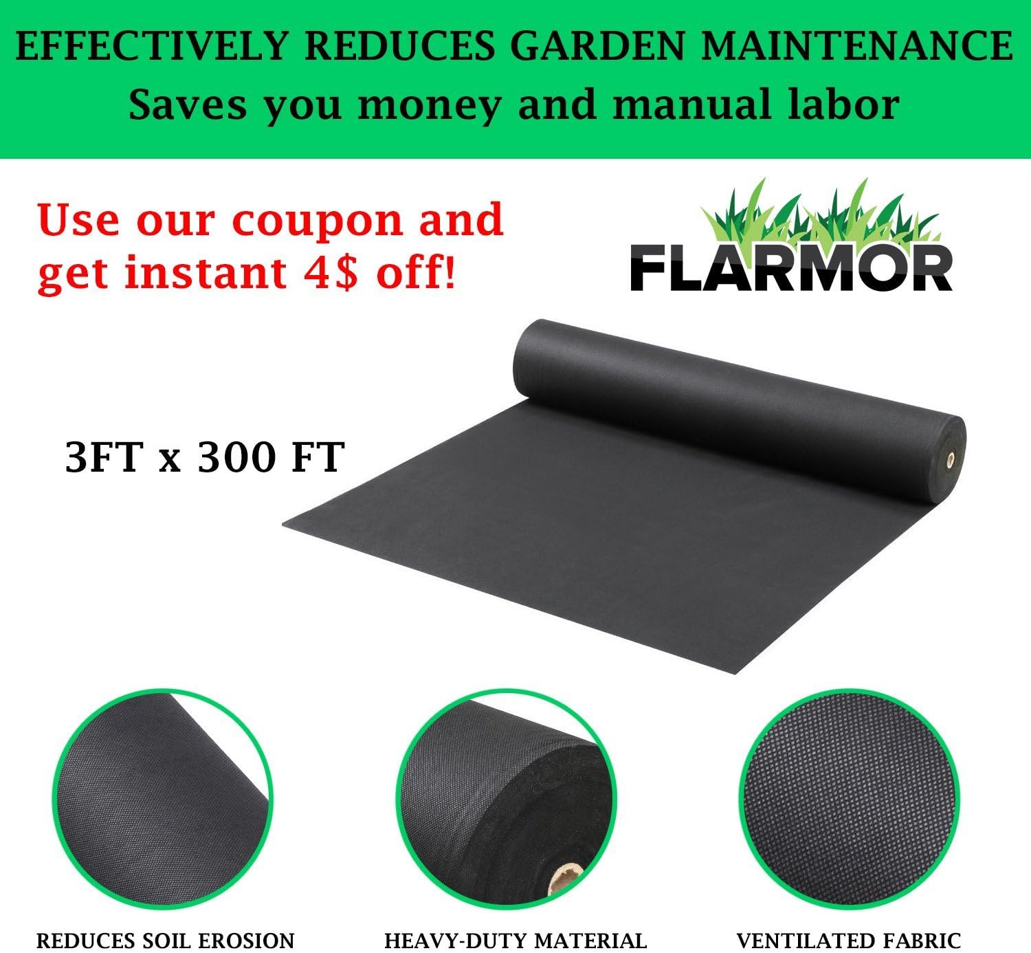 Heavy Duty Weed Barrier Garden Fabric Roll 1.8 oz 3 Ft X 300 Ft Pack of 2 K8541