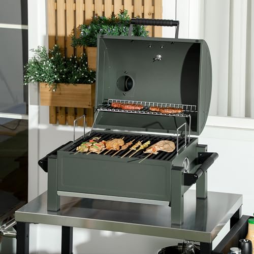 Charcoal BBQ Grill with 235 sq.in. Cooking Area, Tabletop Outdoor Barbecue with Ash Catcher and Built-in Thermometer, Black Q76761